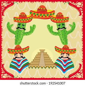 vector mexican frame with pyramid, cactus and sombrero