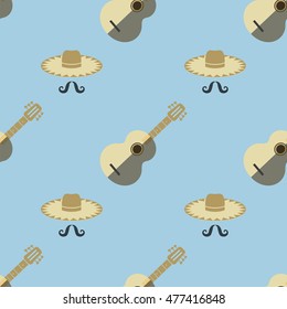 Vector Mexican Guitar with Hat and Mustaches Seamless Pattern on Blue Background.