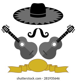 Vector Mexican Guitars Hat Mustache on White Background