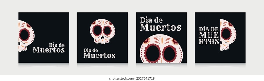 Vector mexican Halloween sugar skulls.Dia de Muertos square templates.Postcard in honor of the Day of the Dead.Traditional music festival,fun bright characters.National hispanic heritage month banner.