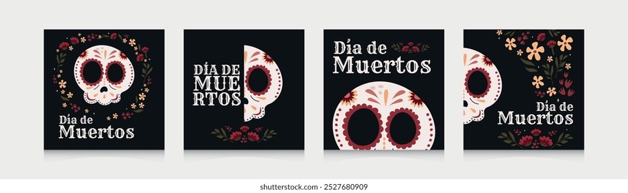 Vector mexican Halloween sugar skulls.Dia de Muertos square templates.Postcard in honor of the Day of the Dead.Traditional music festival,fun bright characters.National hispanic heritage month banner.