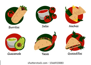 Vector mexican hand drawn set with isolated food on a white background. Burritos, salsa, nachos, guacamole, tacos, quesadillas.For menu, restaurant, cafe design.Cartoon style, stock illustration.Icons