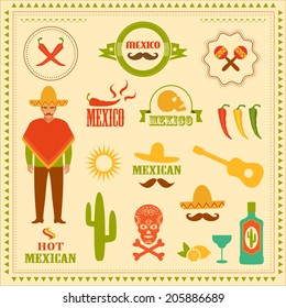 vector mexican icons, mexico stamp illustration