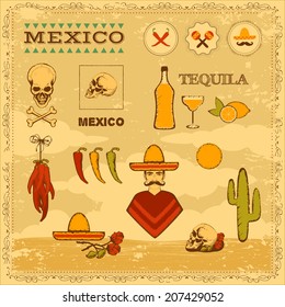 vector mexican icons, mexico stamp illustration