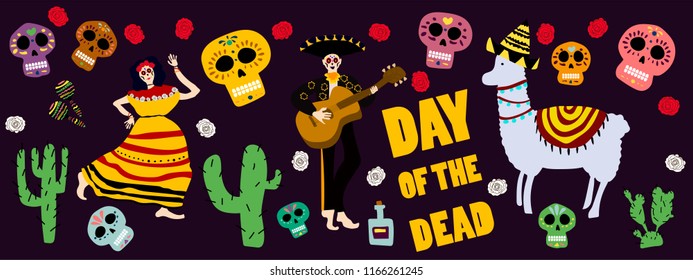 Vector mexican illustration for day of the dead. Dia de los muertos. Illustration for banner site or card. Mexican man with guitar woman and llama