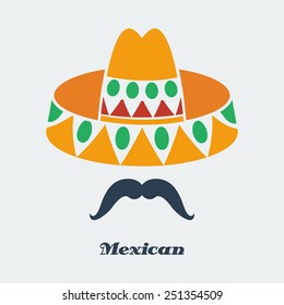 Vector mexican man mustache sombrero. Flat color eps10
