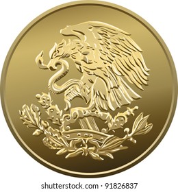 vector Mexican money fifty centavo, Gold Coin, heraldic eagle perched on a cactus holding a snake in its beak