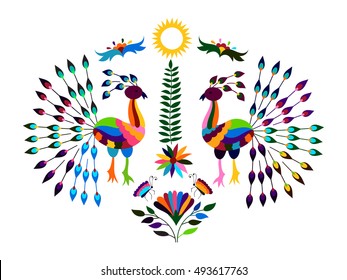 Vector  Mexican Otomi Style Bright  Pattern with Peacocks