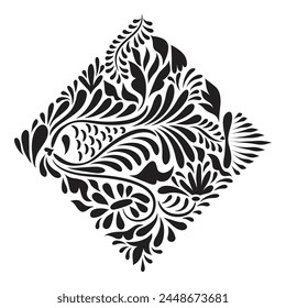 Vector Mexican Otomi Style Pattern with Fish and Flowers