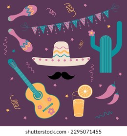 Vector Mexican party set. Isolated on puple backgroung flags, maracas, guitar, stars, blossom cactus, sombrero, mustache, tequila and lemon, serpentine, red hot pepper.