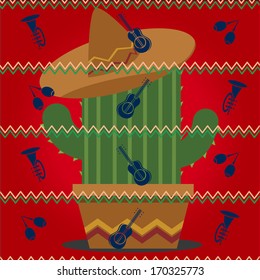 Vector mexican pattern with cute cactus on background
