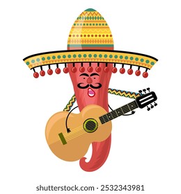 Vector Mexican Pepper with sombrero and guitar. Cinco de mayo symbol isolated on white background.