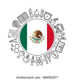 Vector Mexican school background, with black linear icons on white. Education of Mexico pattern with modern line style icons and Mexican flag.