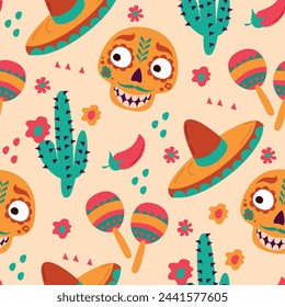 Vector mexican seamless pattern with sugar calavera skulls and floral elements.