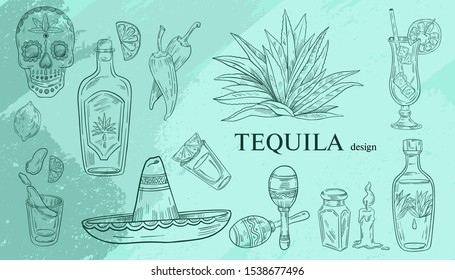 Vector Mexican set of objects associated with this country: tequila bottles, shots, agave, sombrero, cocktails, maracas in engraving style on blue background.