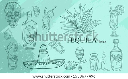 Vector Mexican set of objects associated with this country: tequila bottles, shots, agave, sombrero, cocktails, maracas in engraving style on blue background.