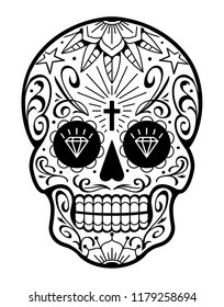 Vector Mexican Skull with Patterns. Old school tattoo style sugar skull. Black and white illustration.