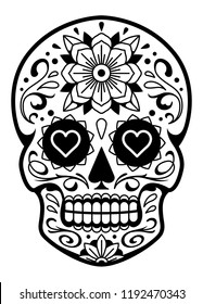 Vector Mexican Skull with Patterns. Old school tattoo style sugar skull. Black and white illustration.