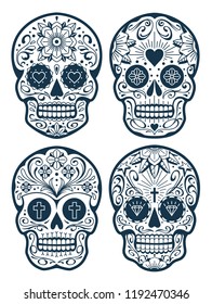 Vector Mexican Skulls with Patterns. Old school tattoo style sugar skulls. Vector skulls collection.