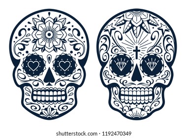 Vector Mexican Skulls with Patterns. Old school tattoo style sugar skulls. Black and white illustration.