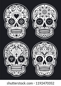 Vector Mexican Skulls with Patterns. Old school tattoo style sugar skulls. White on black version. Vector skulls collection.