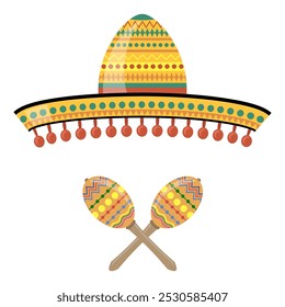 Vector Mexican sombrero with maracas. Cinco de mayo symbol isolated on white background.