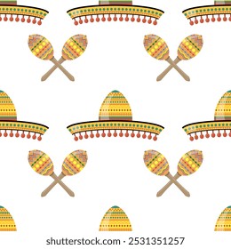 Vector Mexican sombrero with maracas. Cinco de mayo symbol isolated on white background. Seamless pattern.