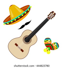 vector Mexican sombrero with maracas and a guitar and a mustache