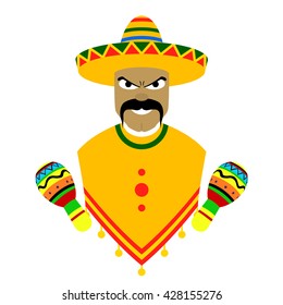 Vector Mexican in sombrero poncho and maracas
