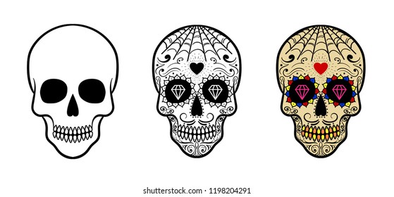 Vector Mexican sugar skull set. Day of the Dead. Dia de los Muertos. Design element for logo, label, emblem, sign, poster, tattoo, clothes, t-shirt design, pins, stickers and coloring book.