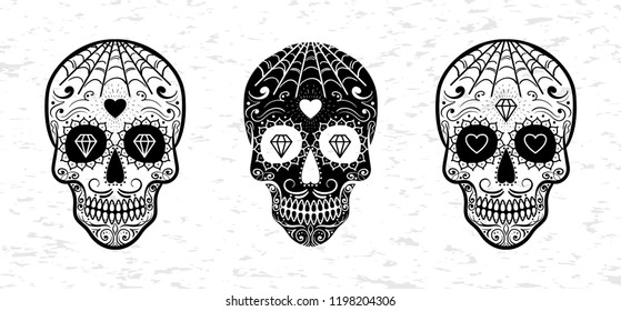 Vector Mexican sugar skull set. Day of the Dead. Dia de los Muertos. Design element for logo, label, emblem, sign, poster, tattoo, clothes, t-shirt design, pins, stickers and coloring book.