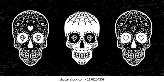 Vector Mexican sugar skull set. Day of the Dead. Dia de los Muertos. Design element for logo, label, emblem, sign, poster, tattoo, clothes, t-shirt design, pins, stickers and coloring book.