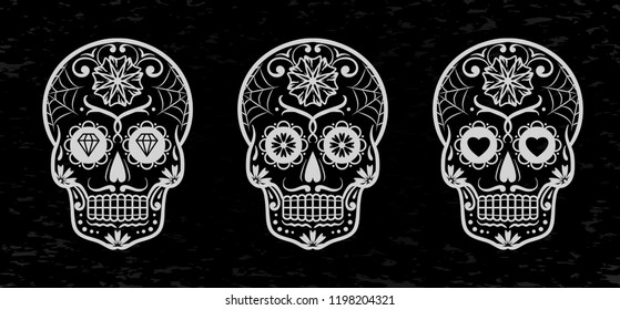 Vector Mexican sugar skull set. Day of the Dead. Dia de los Muertos. Design element for logo, label, emblem, sign, poster, tattoo, clothes, t-shirt design, pins, stickers and coloring book.