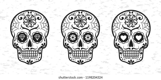 Vector Mexican sugar skull set. Day of the Dead. Dia de los Muertos. Design element for logo, label, emblem, sign, poster, tattoo, clothes, t-shirt design, pins, stickers and coloring book.