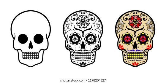 Vector Mexican sugar skull set. Day of the Dead. Dia de los Muertos. Design element for logo, label, emblem, sign, poster, tattoo, clothes, t-shirt design, pins, stickers and coloring book.