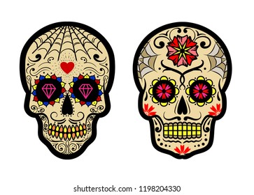 Vector Mexican sugar skull set. Day of the Dead. Dia de los Muertos. Design element for logo, label, emblem, sign, poster, tattoo, clothes, t-shirt design, pins, stickers and coloring book.