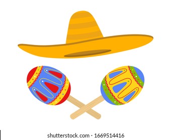 Vector Mexican traditional objects- sombrero, maracas. Clothes and musical instrument. Fiesta, carnival element. Cartoon flat style.