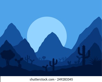 vector mexican twilight landscape with silhouette of cactus