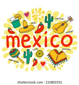 Vector mexico elements background. Hand illustration with cactus, poncho, chili and maracas.