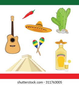 Vector mexico icons. Collection of mexican symbols guitar chichen itza sombrero cactus pepper tequila maracas