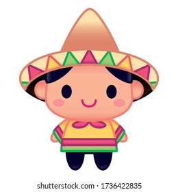 Vector Mexico Kawaii Cute Cartoon Mexican Man with Sombrero Isolated