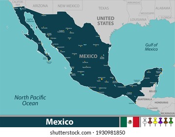 Vector of Mexico with large cities and neighbouring countries