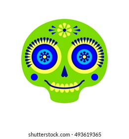 Vector Mexico logo in cartoon naive style with funny sugar skulls, flowers. Mexican traditional tattoo art. Dia de los Muertos or Day of the Dead card. 