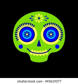 Vector Mexico logo in cartoon naive style with funny sugar skull, flowers. Mexican traditional tattoo art. Dia de los Muertos or Day of the Dead card. 