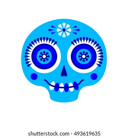 Vector Mexico logo in cartoon naive style with funny sugar skulls, flowers. Mexican traditional tattoo art. Dia de los Muertos or Day of the Dead card. 