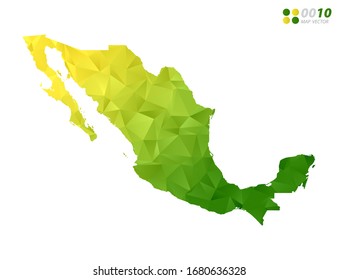 Vector Mexico map green and yellow polygon triangle mosaic with white background. style gradient.