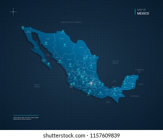 Vector Mexico map illustration with blue neon lightpoints - triangle on dark blue gradient background. Administrative divisions, cities, borders, capital. Neon tech background with glow. 