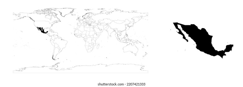 Vector Mexico map showing country location on world map and solid map for Mexico on white background. File is suitable for digital editing and prints of all sizes.