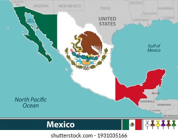 Vector of Mexico with and neighbouring countries and gulf of Mexico