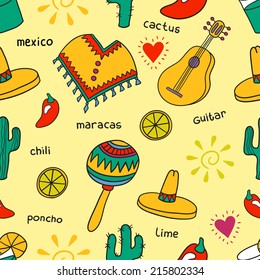 Vector mexico seamless pattern. Seamless texture with cactus, poncho, chili. Seamless pattern can be used for wallpaper, pattern fills, web page background, surface textures.